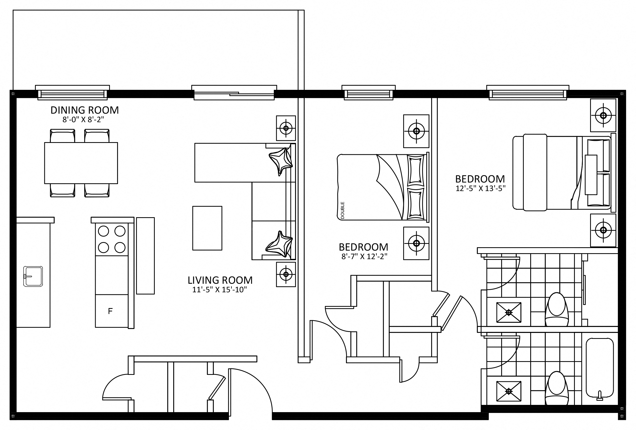 Floor plan for 2 beds, 1.5 baths, 940 sqft